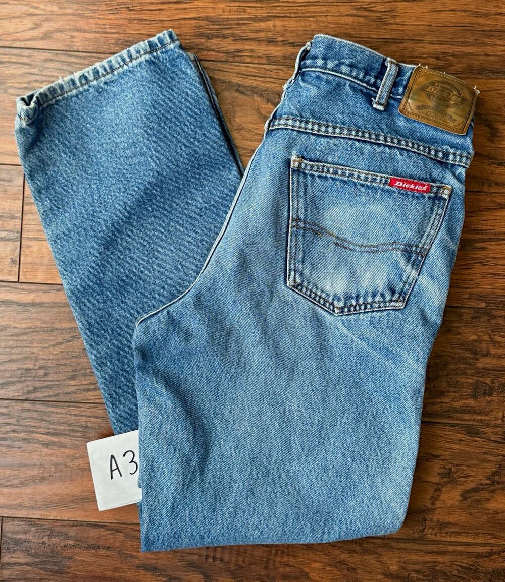 Vtg Dickies Jeans 32x30 tagged 34x32 Y2K Relaxed Straight Workwear Leather Patch